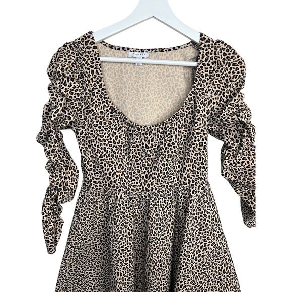 Topshop Leopard Print Puff Sleeve Fit & Flare Mini Dress Brown Tan Sz 6 - Picture 3 of 12